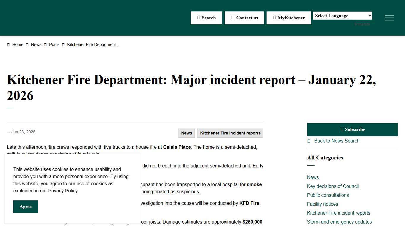 Kitchener Fire Department: Major incident report – January 22, 2026 City of Kitchener